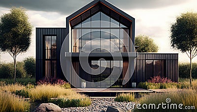 Modern Home in the Countryside: An American House with a Beautiful Garden and Large Windows. Generative Ai Stock Photo