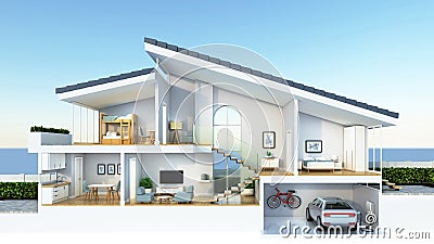 Modern home cross section, 3d rendering Cartoon Illustration
