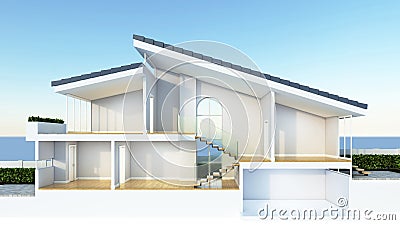 Modern home cross section, suitable for smart home or sustainable housing infographic overlay, 3d rendering Cartoon Illustration