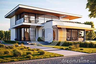 Modern home exterior, luxury sustainable house with terraces and woodwork in summer. Scenery of residential mansion, sky and Stock Photo