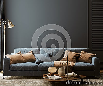 Modern home interior mock-up with dark blue sofa, table and decor in living room Stock Photo