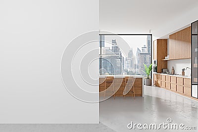 Modern home kitchen interior with bar island and chairs, window. Mock up wall Stock Photo