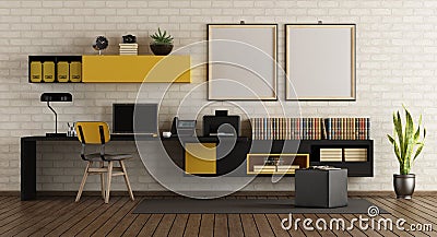Modern home office with black and yellow furniture Stock Photo