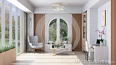 Light home office, photorealistic 3D Illustration of the interior, suitable for using in video conference and as a background. Stock Photo