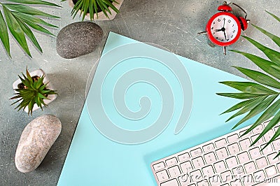 Modern home office workplace with empty blue paper. A fragment of keyboard, home flowers, stones and clock watch on a table. Stock Photo