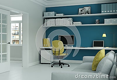 Modern home office with yellow chair and blue wall interior design 3d Rendering Editorial Stock Photo