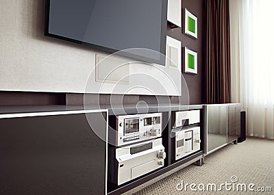 Modern Home Theater Room Interior with Flat Screen TV Stock Photo