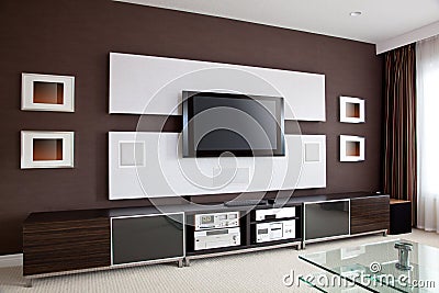 Modern Home Theater Room Interior with Flat Screen TV Stock Photo