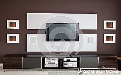 Modern Home Theater Room Interior with Flat Screen TV Stock Photo