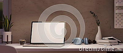 Modern home working desk with laptop mockup against stylish brown wall Cartoon Illustration