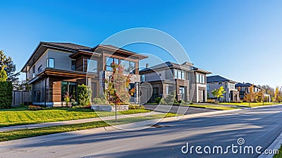 Modern Homes Lined Up on a Quiet Street Stock Photo