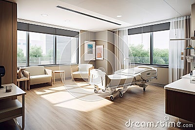 modern hospital, with sleek furniture and natural light, providing comfortable and healing environment Stock Photo