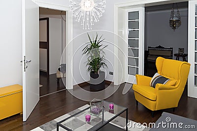 Modern Hotel Apartment with 3d Living Room and Bedroom Interior, Stock Photo