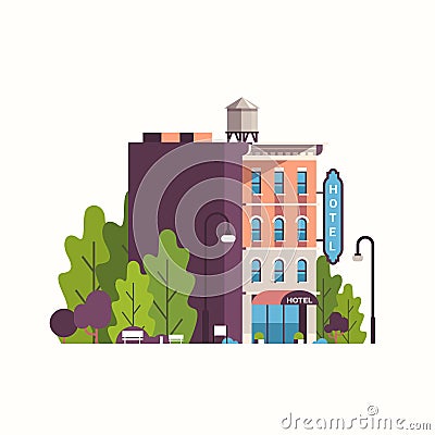 Modern hotel house exterior hostel building for business facade landscape background flat Vector Illustration