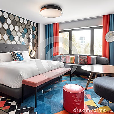 A modern hotel room with sleek furniture Stock Photo