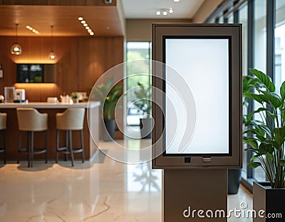 Modern hotel self service kiosk with blank high resolution screen. Efficient tech solution for guest services. Convenient Stock Photo
