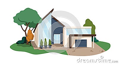Modern house building. Contemporary architecture of private villa. Minimalistic residential construction with garage and Vector Illustration