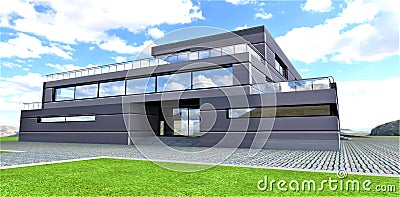 The modern house design. Contemporary energy efficient building materials. Ecological mountain region. 3d rendering Stock Photo