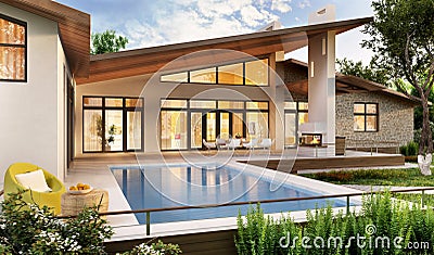 Exterior and interior design of a modern house with a pool Editorial Stock Photo