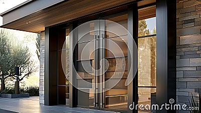 Modern House Entrance with Elegant Glass Doors. Generative ai Cartoon Illustration