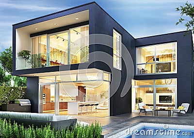 Modern house. Evening view. Interior and exterior Stock Photo