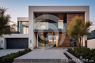 Modern house exterior. Luxury house with garage and terrace real estate concept Ai generative Stock Photo