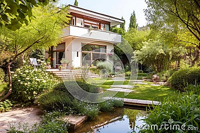 Modern house exterior, luxury residential home with landscaped backyard, generative AI Stock Photo