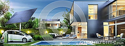 Modern house of the future. Solar panels and electric car in the yard near the swimming pool Stock Photo