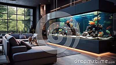 Modern house interior design, luxury aquarium inside villa or mansion. Large contemporary living room. Concept of eco home style Stock Photo