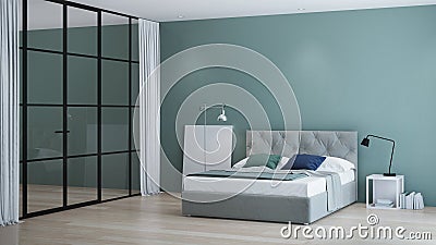 Modern house interior. Interior bedroom with glass partitions. Stock Photo