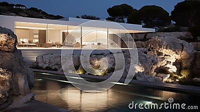 Modern House With Stunning Rock Frontage: A Nighttime Oasis Stock Photo