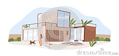 Modern house and person walking with dogs outside modular home. Residential building. Luxury mansion from glass with Vector Illustration