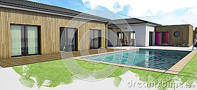 Modern house with pool, exterior view Stock Photo