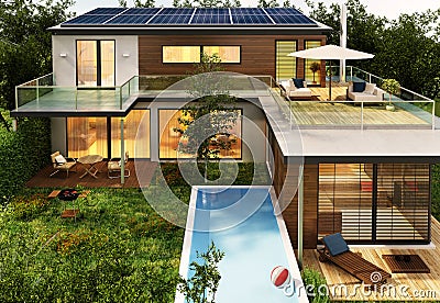 Modern house with pool and solar panels Stock Photo