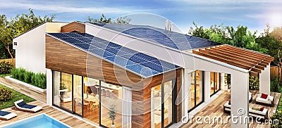 Modern house with solar panels on the roof Stock Photo