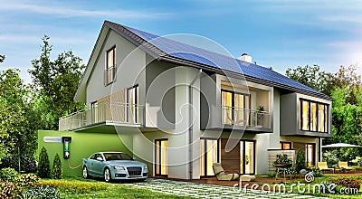 Modern house with solar panels on the roof and electric car Stock Photo