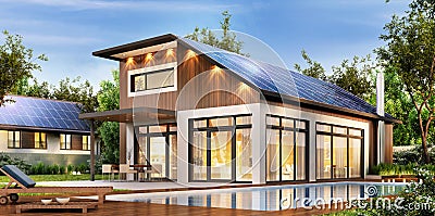 Modern house with solar panels on the roof Stock Photo