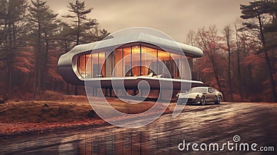 Slowly Driven Car Next To Futuristic House In Woods With Timeless Elegance Stock Photo