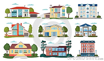 Modern house vector illustrations, cartoon flat home apartment, facade exterior of residential building set icons Vector Illustration