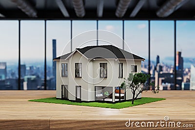 Modern house villa style standing on wooden desk in modern office, skyline view, 3D Illustration Stock Photo