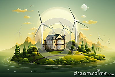 Modern house with wind turbines Eco friendly concept 3D rendering Stock Photo