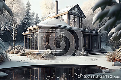 Modern house in winter garden. Facade of detached house, view at winter Stock Photo