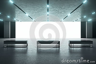 Modern huge hall room with blank white screen, concrete floor wi Stock Photo