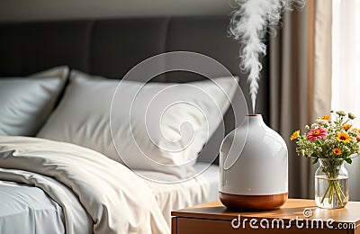 Modern humidifier diffuser emits fragrant steam in bedroom. Aromatic device diffuses essential oils creating calming atmosphere. Stock Photo