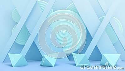 Modern ideas Podium Geometric shapes Triangular and Circle minimal Creative concept and wall Blue - Green Background Stock Photo