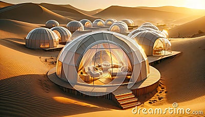 Modern igloo tents designed for luxury desert camping, set against a twilight sky filled with stars.Geodesic domes Stock Photo