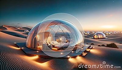 Modern igloo tents designed for luxury desert camping, set against a twilight sky filled with stars.Geodesic domes Stock Photo