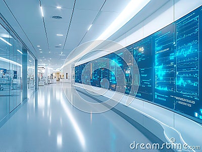 A modern, illuminated control room with large blue-tinted monitors displaying data, possibly used for monitoring or Stock Photo