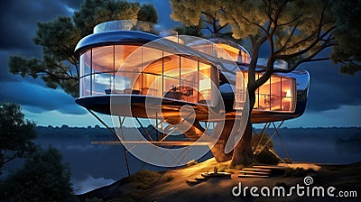 modern illuminated house on tree near lake at night, romantic vacation outdoor in wild, glamping Stock Photo