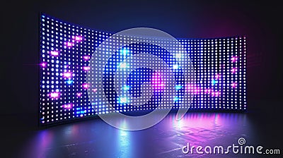 Modern illustration of a concave LED screen on a wall or stage with glowing neon blue, purple dots. Digital scoreboard Cartoon Illustration